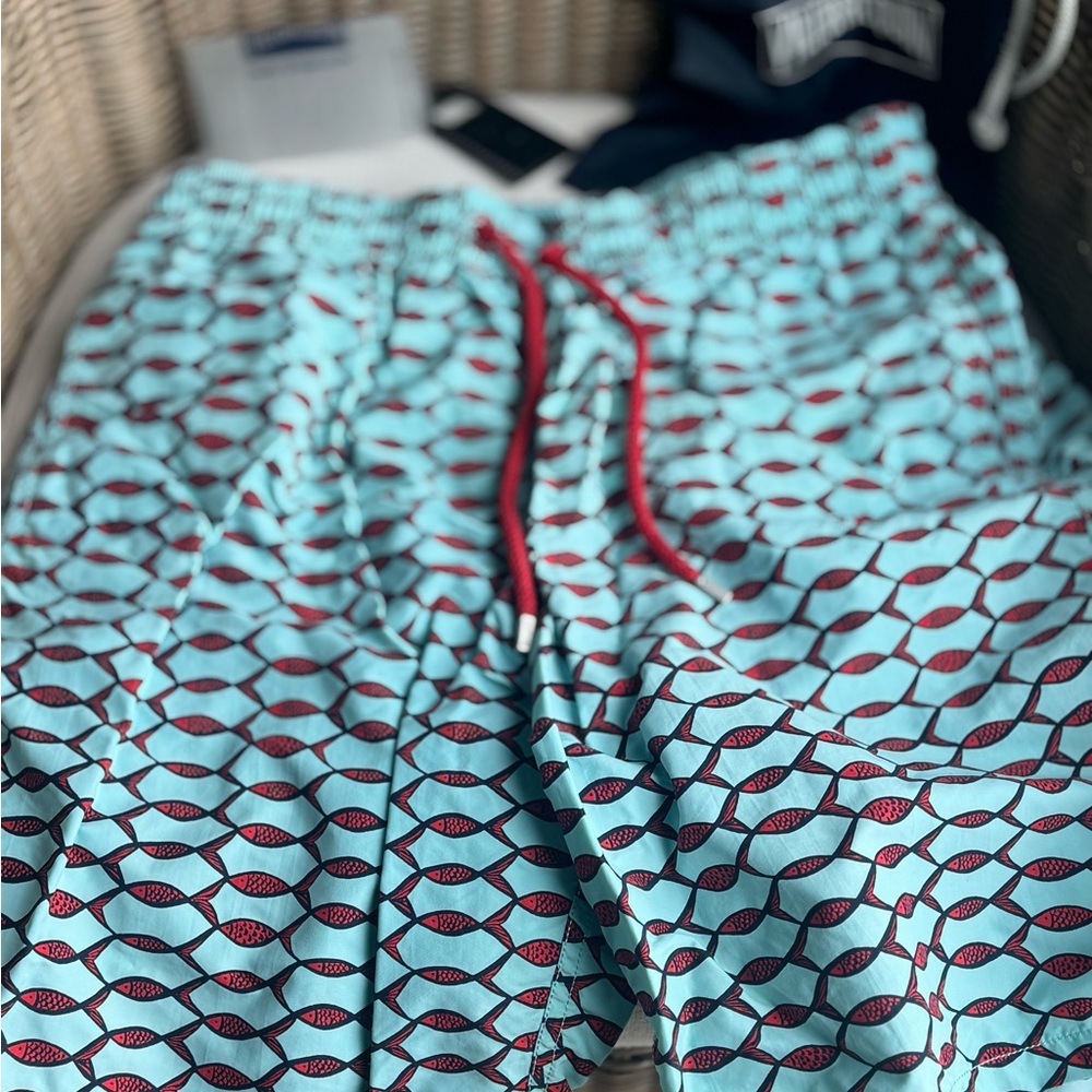 Vilebrequin Aqua and Red Geometric Swim Shorts